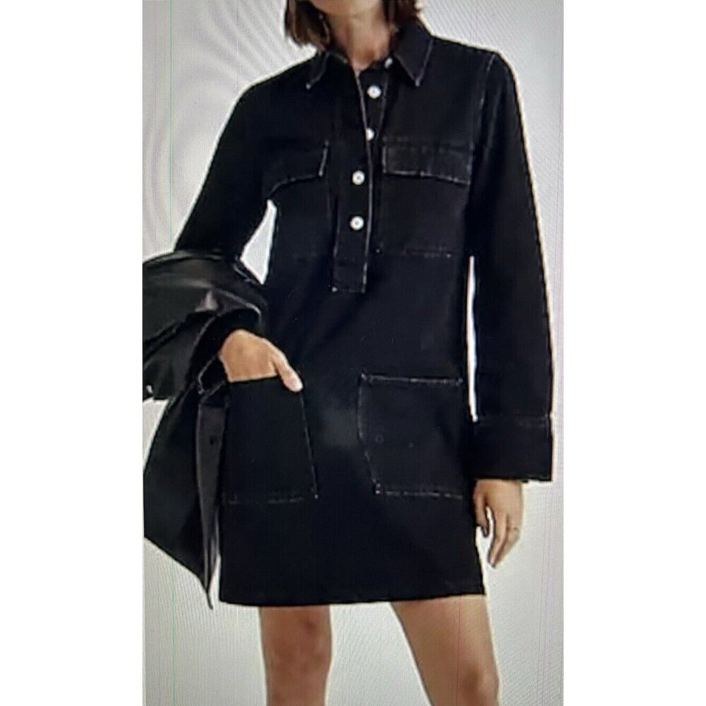 Madewell Womens Popover Mini Patch Pocket Clean Black Denim Shirtdress Size XS